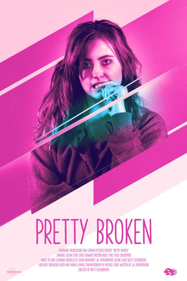 Pretty Broken poster: a young woman framed by pink diagonal light.